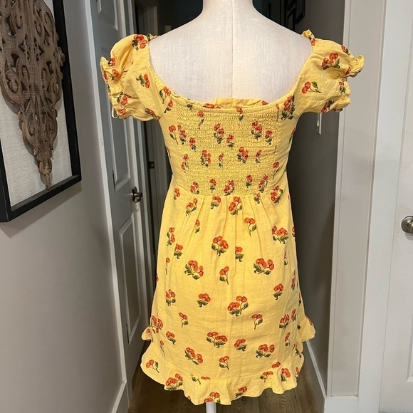 UO honey yellow with cherries print milkmaid mini dress with ruffles - Picture 4 of 14